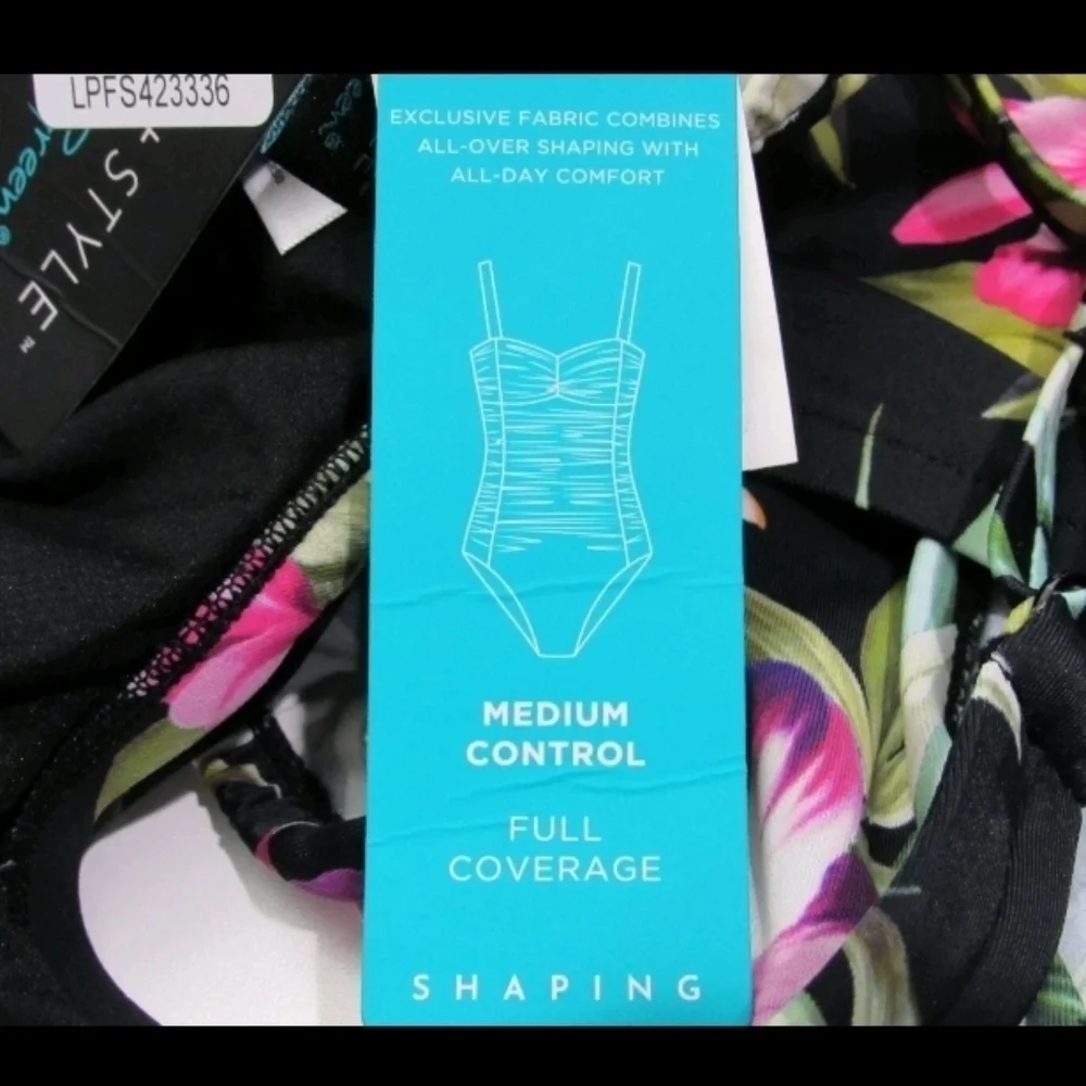 Aqua Green Women's UPF 50 V Neck Ruched Shaping Swimsuit Black Floral Size 10